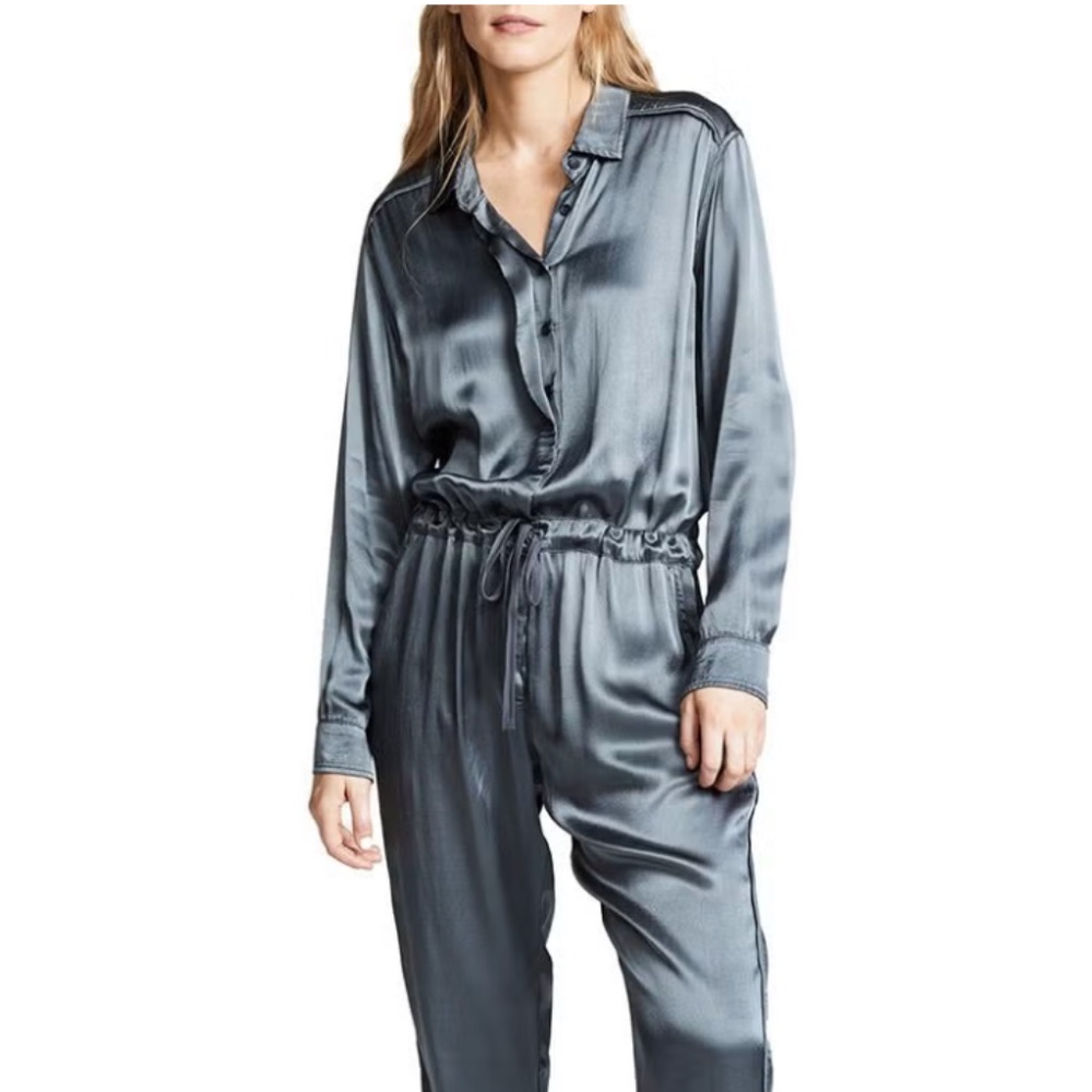 Xirena - Gray Blue "Flynn" Drawstring Waist Long Sleeve Jumpsuit, Size M